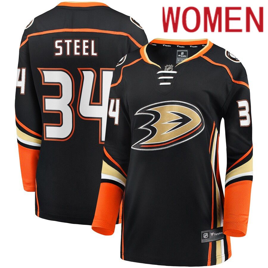 Women Anaheim Ducks 34 Sam Steel Fanatics Branded Black Breakaway Player NHL Jersey